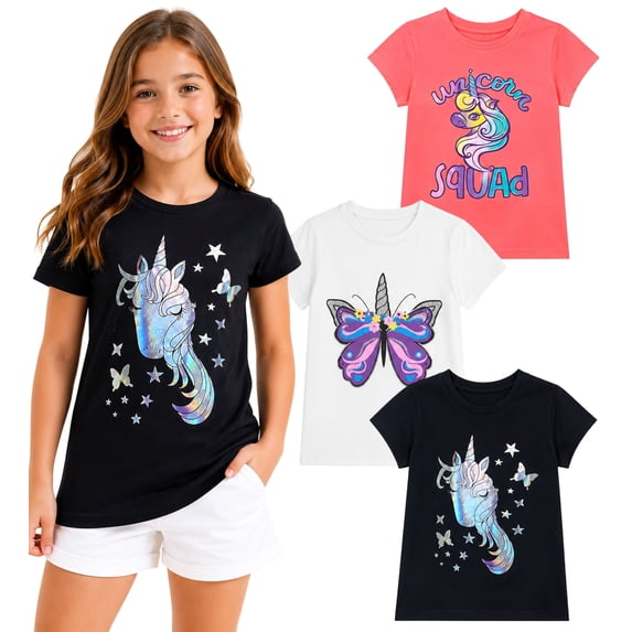 MISS POPULAR Girls 3-Pack Short Sleeve T-Shirts – Super Soft Cotton Graphic Tees with Unicorn & Glitter Print (Combo A, Size 7/8)