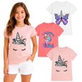 thumbnail image 1 of MISS POPULAR Girls 3-Pack Super Soft Short Sleeve T-Shirts Unicorn Butterfly Glitter Print Cute Design| Sizes 7-16, 1 of 8