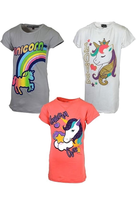 Girls 3-Pack Super Soft Short Sleeve T-Shirts Unicorn Butterfly Glitter Print Cute Design| Sizes 7-16