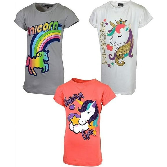 MISS POPULAR Girls 3-Pack Super Soft Short Sleeve T-Shirts Unicorn Butterfly Glitter Print Cute Design| Sizes 7-16