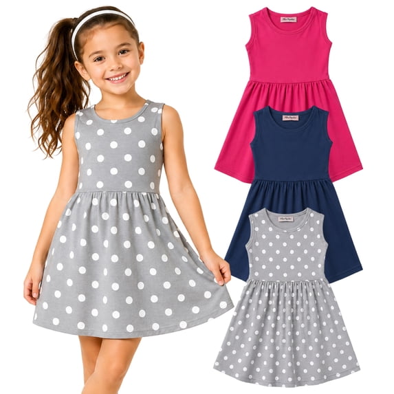 MISS POPULAR Girls 3 Pack Tank Skater Dress Soft Cotton Cute Designs Spring Summer | Sizes 4-16