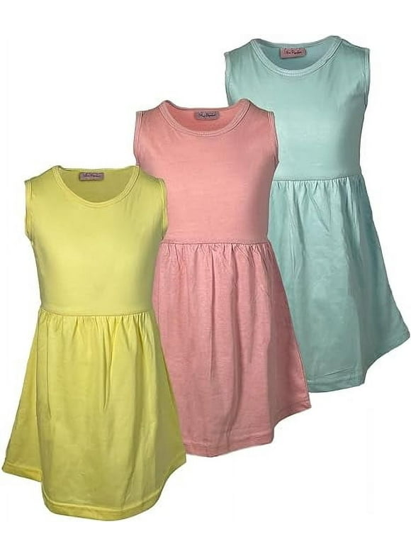 Girls 3 Pack Tank Skater Dress Soft Cotton Cute Designs Spring Summer | Sizes 4-16