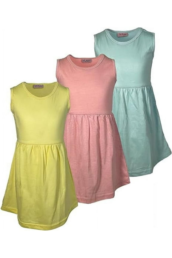 Girls 3 Pack Tank Skater Dress Soft Cotton Cute Designs Spring Summer | Sizes 4-16