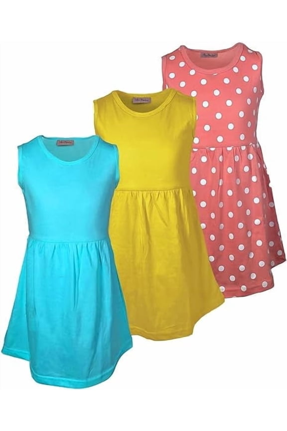 Girls 3 Pack Tank Skater Dress Soft Cotton Cute Designs Spring Summer | Sizes 4-16