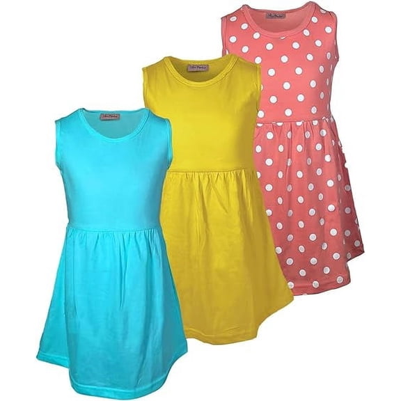 MISS POPULAR Girls 3 Pack Tank Skater Dress Soft Cotton Cute Designs Spring Summer | Sizes 4-16