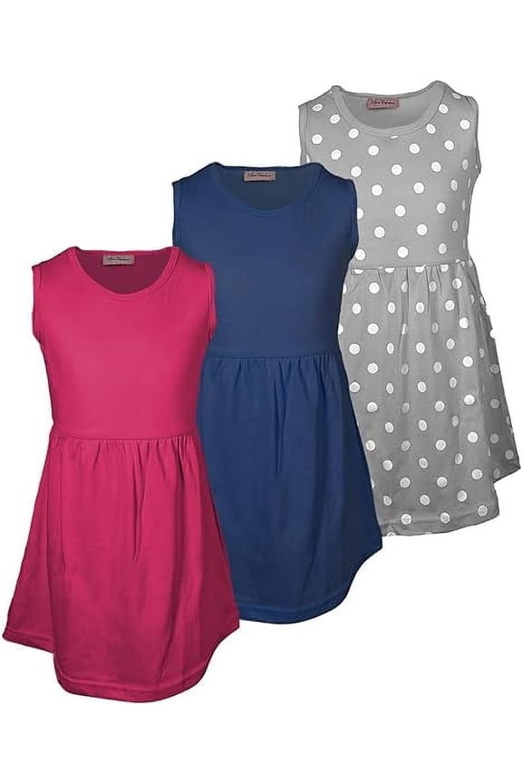 Girls 3 Pack Tank Skater Dress Soft Cotton Cute Designs Spring Summer | Sizes 4-16