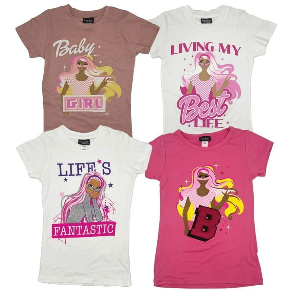 MISS POPULAR Girls 4-Pack Super Soft Short Sleeve T-Shirts Rainbow Butterfly Glitter Print Cute Design| Sizes 7-16