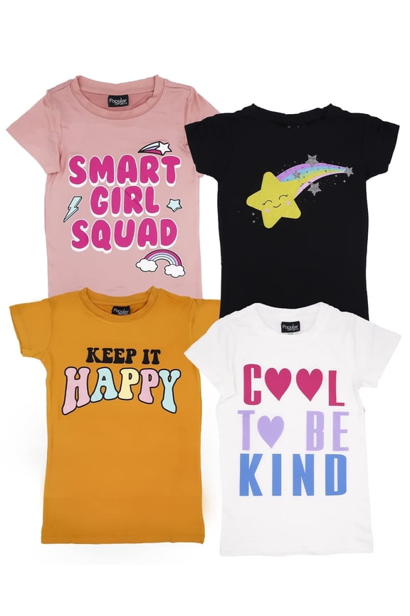 Girls 4-Pack Super Soft Short Sleeve T-Shirts Rainbow Butterfly Glitter Print Cute Design| Sizes 7-16