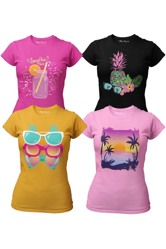 Girls 4-Pack Super Soft Short Sleeve T-Shirts Rainbow Butterfly Glitter Print Cute Design| Sizes 7-16