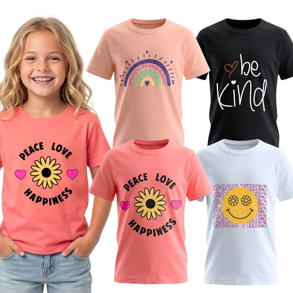 Cute Tween Multi Tshirts - Miss Popular, 4-Pack Casual Short Sleeve Tees, Rainbow Print, Sizes 7-16