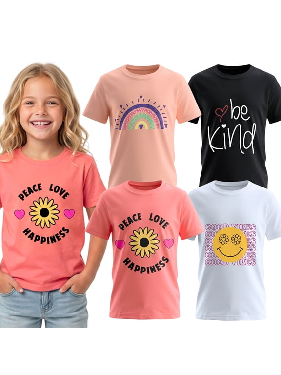 Cute Tween Multi Tshirts - Miss Popular, 4-Pack Casual Short Sleeve Tees, Rainbow Print, Sizes 7-16