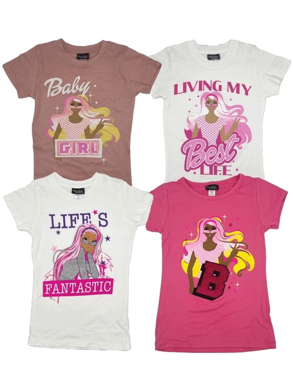 Girls 4-Pack Super Soft Short Sleeve T-Shirts Rainbow Butterfly Glitter Print Cute Design| Sizes 7-16
