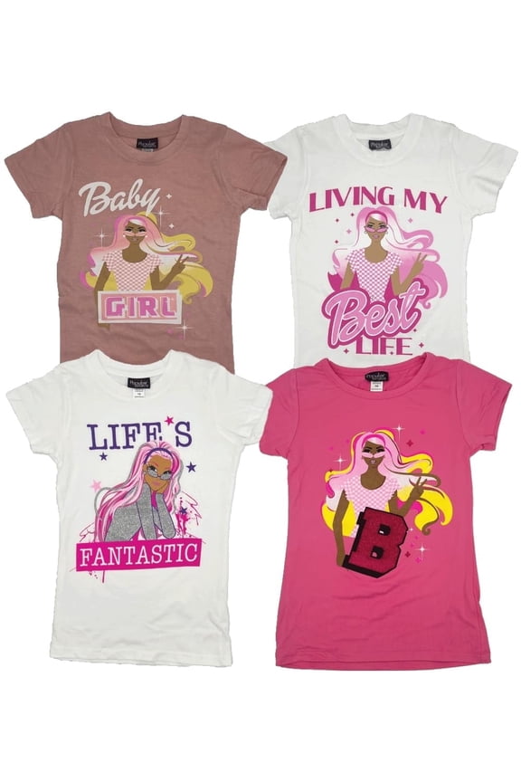 Girls 4-Pack Super Soft Short Sleeve T-Shirts Rainbow Butterfly Glitter Print Cute Design| Sizes 7-16