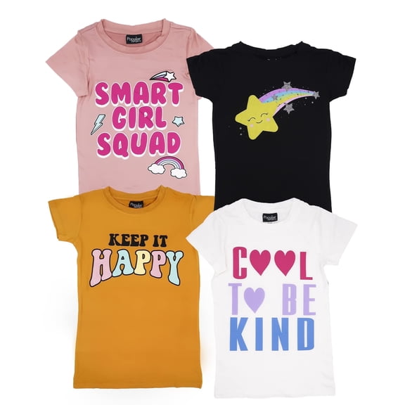 MISS POPULAR Girls 4-Pack Super Soft Short Sleeve T-Shirts Rainbow Butterfly Glitter Print Cute Design| Sizes 7-16
