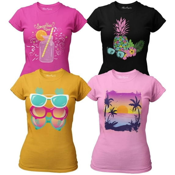 MISS POPULAR Girls 4-Pack Super Soft Short Sleeve T-Shirts Rainbow Butterfly Glitter Print Cute Design| Sizes 7-16