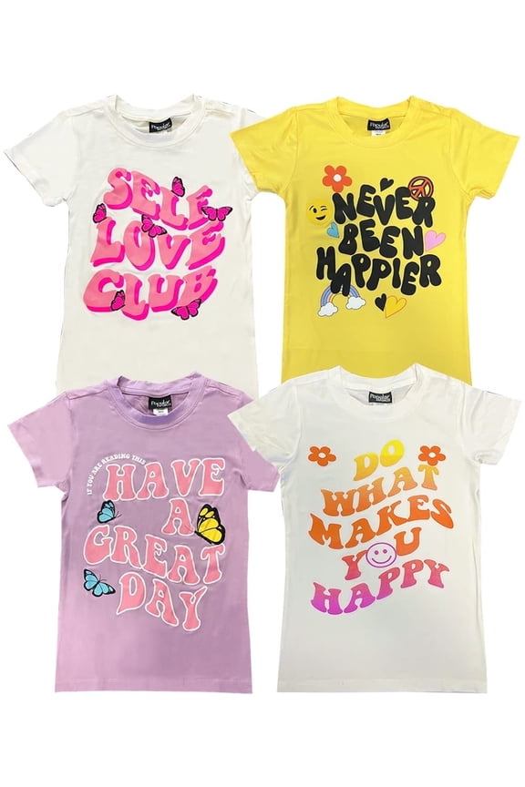 Girls 4-Pack Super Soft Short Sleeve T-Shirts Rainbow Butterfly Glitter Print Cute Design| Sizes 7-16