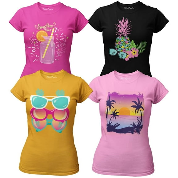 MISS POPULAR Girls 4-Pack Super Soft Short Sleeve T-Shirts Rainbow Butterfly Glitter Print Cute Design| Sizes 7-16