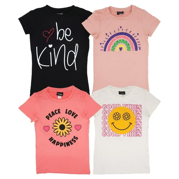 Cute Tween Multi Tshirts - Miss Popular, 4-Pack Casual Short Sleeve Tees, Rainbow Print, Sizes 7-16