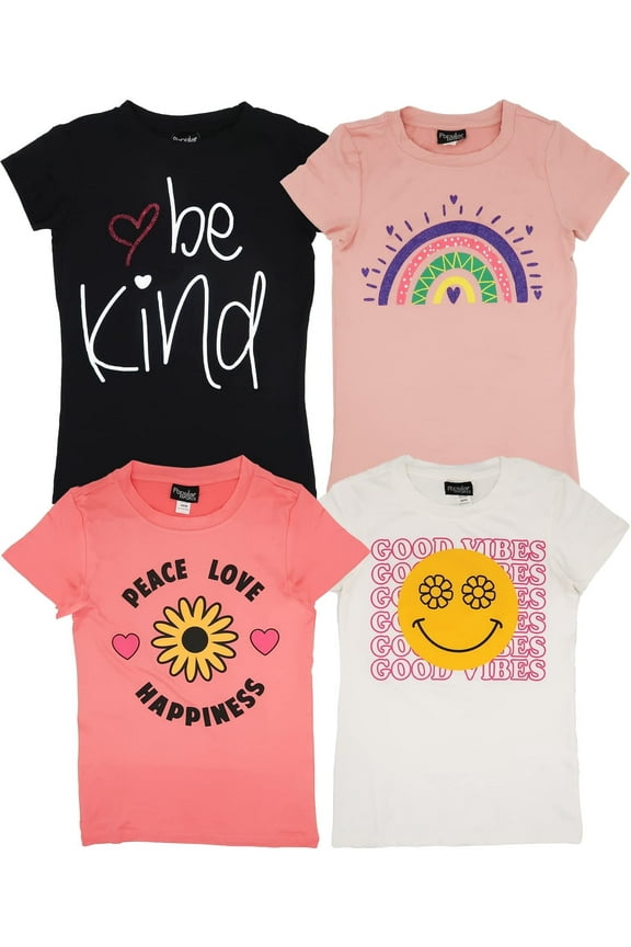Cute Tween Multi Tshirts - Miss Popular, 4-Pack Casual Short Sleeve Tees, Rainbow Print, Sizes 7-16