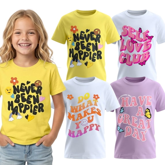 MISS POPULAR Girls 4-Pack Super Soft Short Sleeve T-Shirts Rainbow Butterfly Glitter Print Cute Design| Sizes 7-16