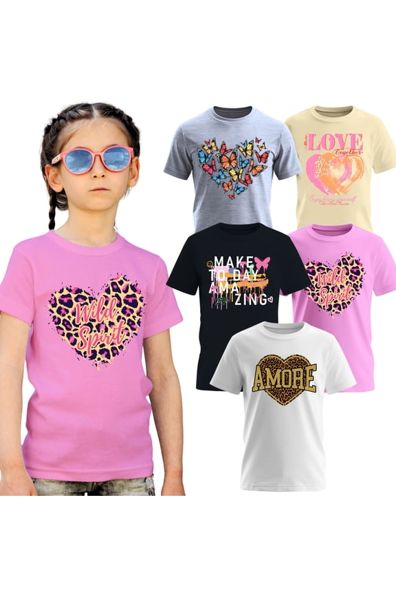 Girls 5 Pack Printed T-Shirts Soft Cotton Tees for Everyday Wear Sizes 7-16 Years