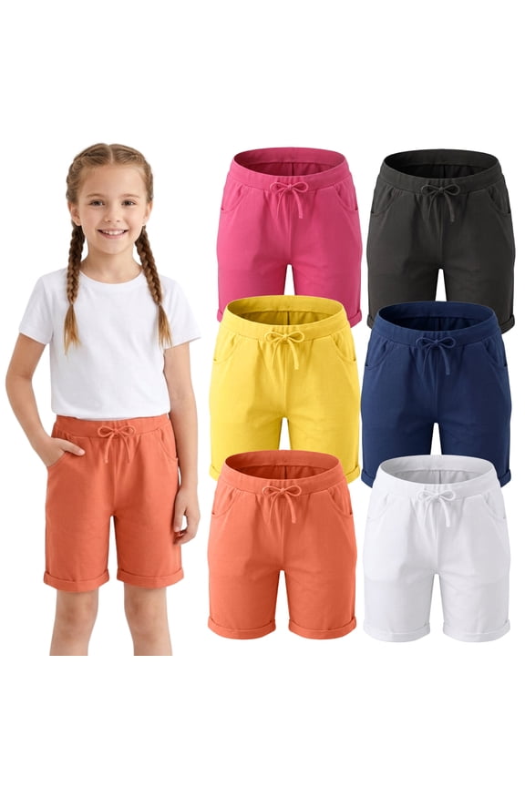 Girls 6-Pack Stretch Bermuda Shorts Sizes 4-16, Cotton, Spandex, Elastic Waistband, Decorative Tie, Pockets