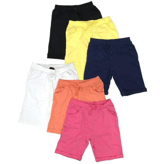 MISS POPULAR Girls 6-Pack Stretch Bermuda Shorts Sizes 4-16, Cotton, Spandex, Elastic Waistband, Decorative Tie, Pockets