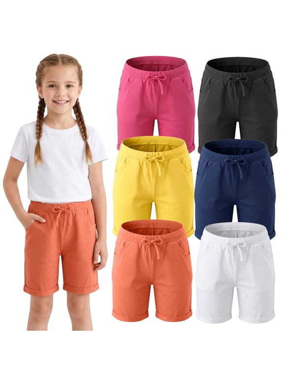 Girls 6-Pack Bermuda Short Sizes 4-16 Comfortable Cotton, Spandex Elastic Waistband, Bow-Tie, Pockets & Many Colors… (Combo C, 5/6)