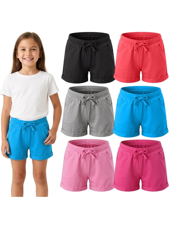 Girls 6-Pack Bermuda Short Sizes 4-16 Comfortable Cotton, Spandex Elastic Waistband, Bow-Tie, Pockets & Many Colors
