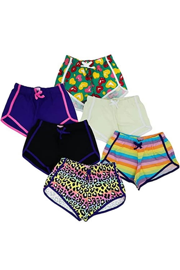 Girls 6-Pack Dolphin Shorts – Soft Cotton Pull-On Shorts with Cute Prints, Elastic Waistband, Sizes 7/8–14/16