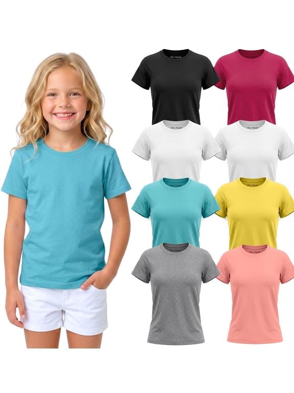 Girls' 8-Pack Super Soft PolyCotton Short Sleeve Crew Neck T Shirts, Assorted Color Solid Tees