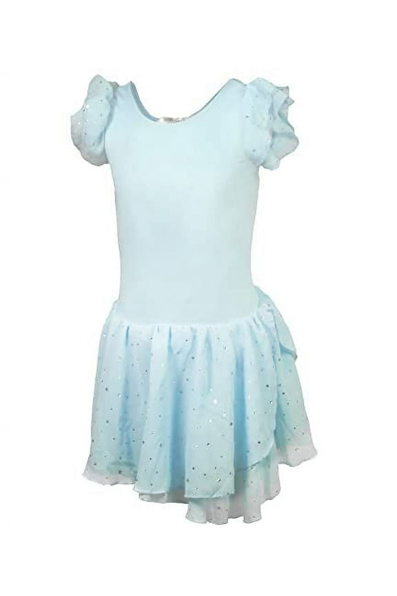Girls Breathable Leotard Ballet Dance Dress with Round Sequins Sparkled Ruffle Sleeves