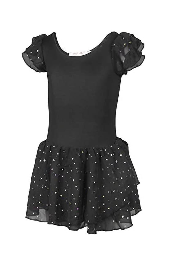 Girls Breathable Leotard Ballet Dance Dress with Round Sequins Sparkled Ruffle Sleeves