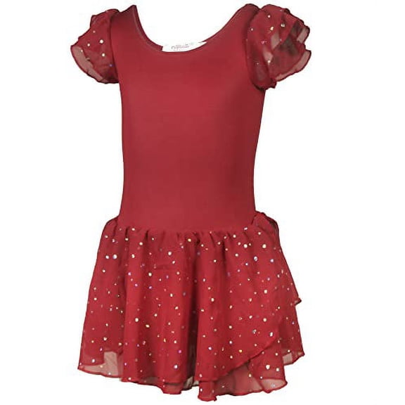 MISS POPULAR Girls Breathable Leotard Ballet Dance Dress with Round Sequins Sparkled Ruffle Sleeves