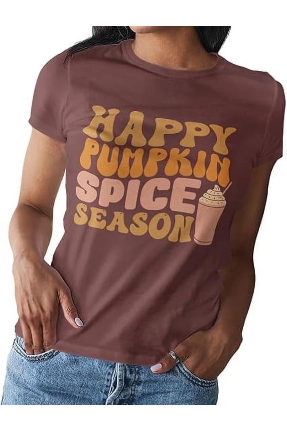 Womens Fall Printed Short Sleeve T Shirts, Fall Season, Football, Pumpkin Spice | S-2XL