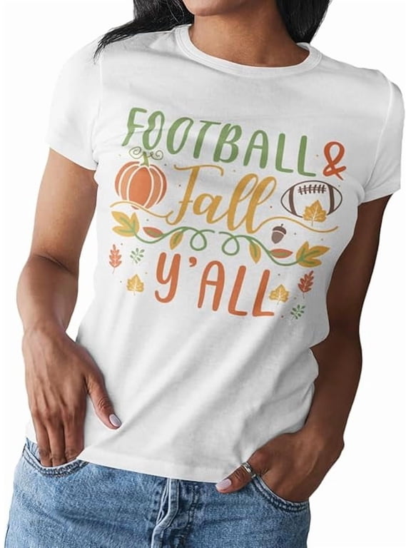 Womens Fall Printed Short Sleeve T Shirts, Fall Season, Football, Pumpkin Spice | S-2XL