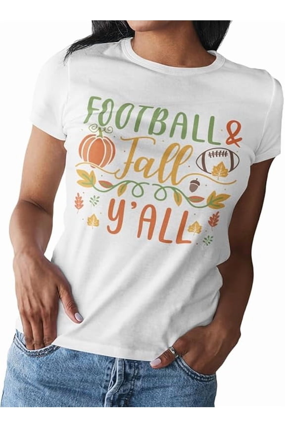 Womens Fall Printed Short Sleeve T Shirts, Fall Season, Football, Pumpkin Spice | S-2XL