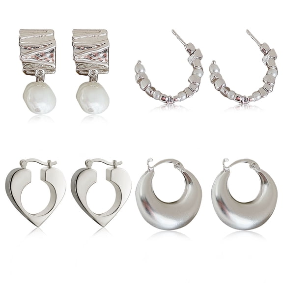 MISS RIGHT 4 Pairs Gold Hoop Earrings for Women Huggie Earring Hypoallergenic Chunky Hoops Earring Plated with Real White Gold Round Earrings Jewelry Gift for Women