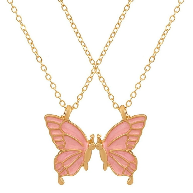 MISS RIGHT Cute Butterfly BFF Necklaces for 2, Pink Enamel