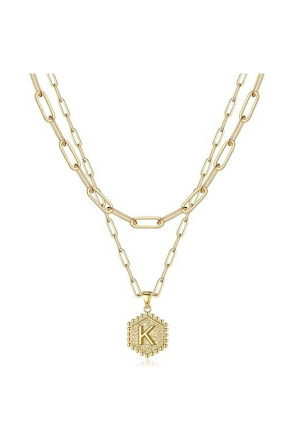 Dainty Layered Initial Necklaces for Women Trendy, 14K Gold Plated Paperclip Chain Necklace Cute Hexagon Letter Pendant Initial Choker Necklace Gold Layered Necklaces for Women