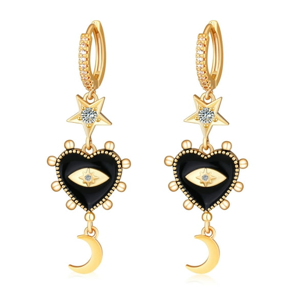 MISS RIGHT Evil Eye Heart Chain Dangle Vintage Earrings for Women 14K Gold Plated Cubic Zirconia Huggie Hoop Earring Delicate Small Simple Hypoallergenic Ear Jewelry Gift