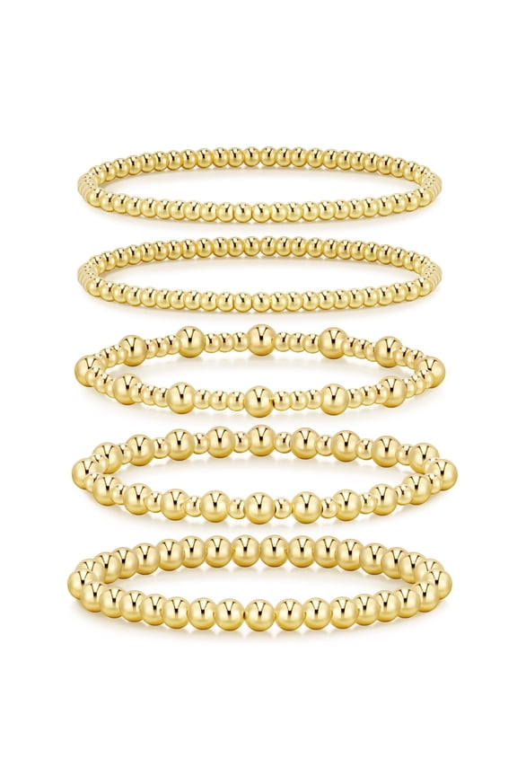 Gold Bracelets for Women, 14K Gold Plated Beaded Bracelets Gold Stretch Bead Ball Bracelet stack Set Adjustable Gold Jewelry for Women