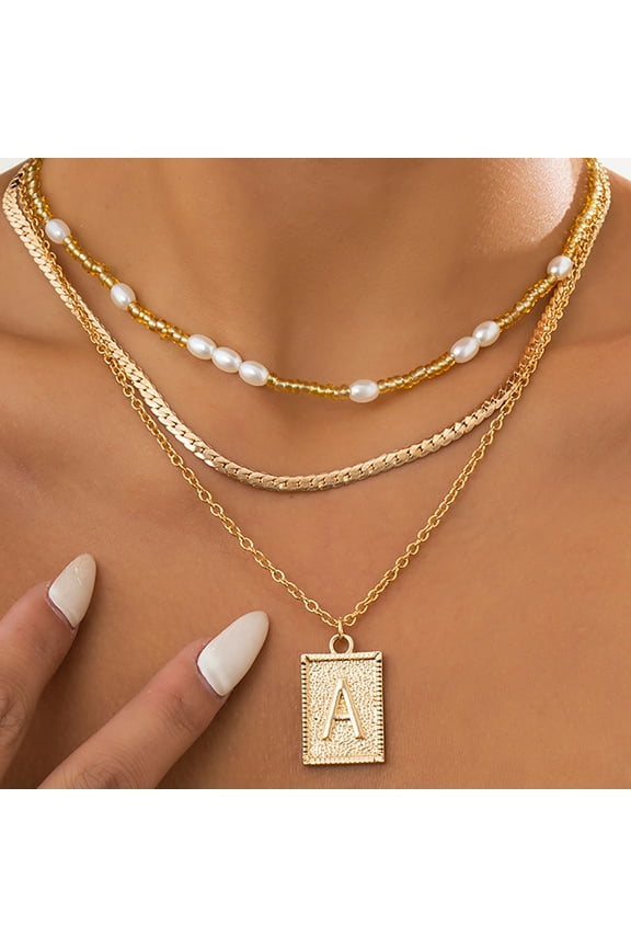 Gold Layered Necklace Set 3 PCS for Women Dainty Trendy Paperclip Snake Choker Gold Filled Stainless Steel Figaro Chain Layering Necklaces Jewelry Gifts Square Pendant Letter A