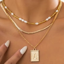 MISS RIGHT Gold Layered Necklace Set 3 PCS for Women Dainty Trendy Paperclip Snake Choker Gold Filled Stainless Steel Figaro Chain Layering Necklaces Jewelry Gifts Square Pendant Letter A