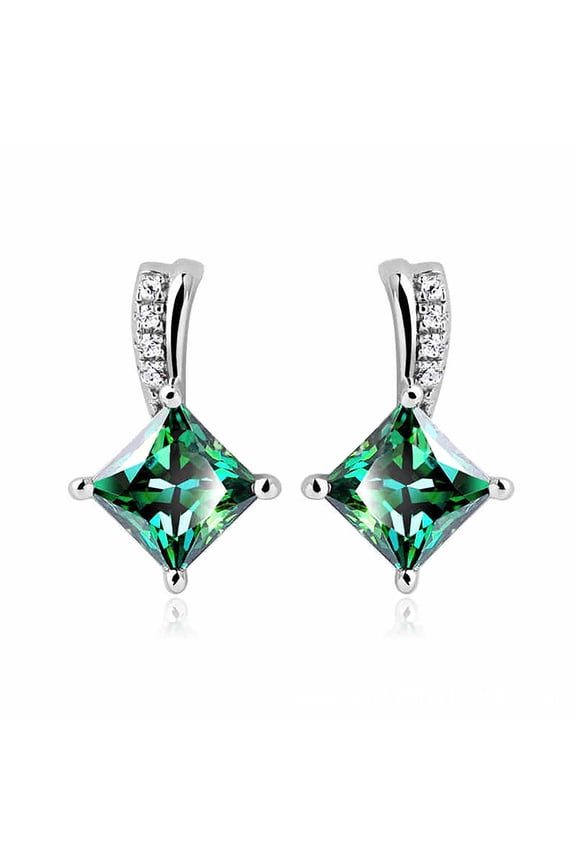 S925 Sterling Silver Created or Simulated Birthstone Gemstone Square and Cubic Zirconia Accents Stud Earrings