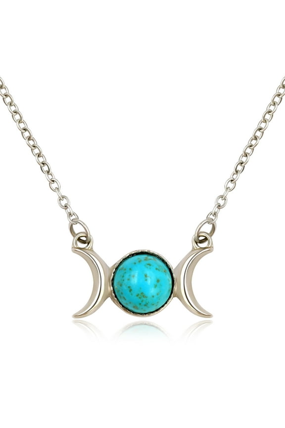 Silver Triple Moon Goddess Symbol Opal Natural Stone Pendant Necklace for Women