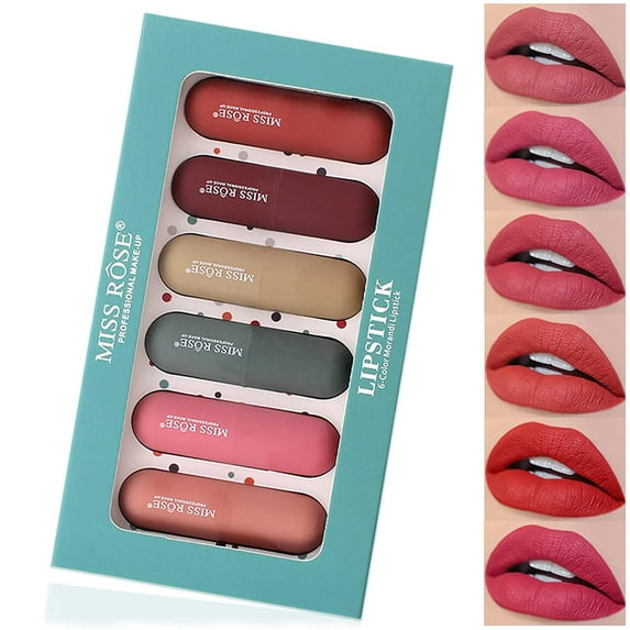 MISS ROSE 6 Colors Matte Waterproof Lipstick Set,Labiales Matte Larga Duracion 24 Non-Stick Cup Matte Carved Lipstick,Best Gifts for Girl or Women