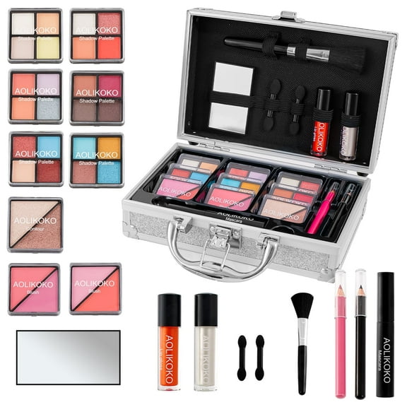 AOLIKOKO Beginner Makeup Kit For Teens With The Small Cosmetic Train Case Included 24-Colors Eyeshadow Palette Blushes Bronzer Highlighter Lipstick Brushes Mirror