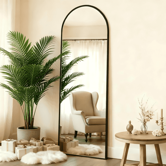 MISSDAY 64” x 21” Arched Full Length Mirror, Black Thin Aluminum Frame, Freestanding, Leaning & Wall-Mounted for Bedroom, Living Room