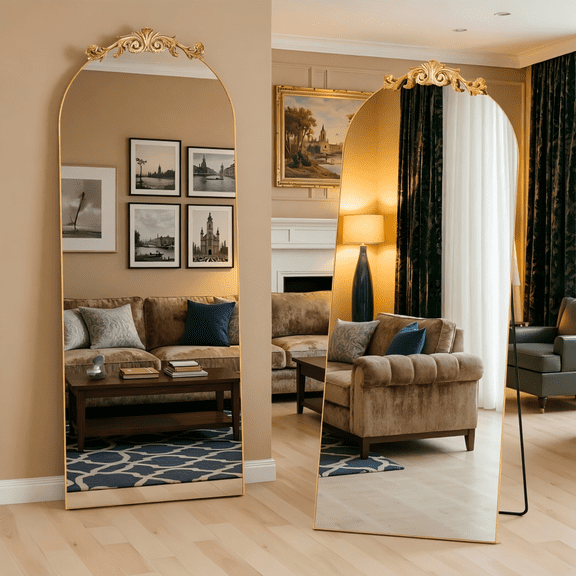 MISSDAY 65" x 24" Vintage Gold Arched Full Length Mirror, Baroque French Carved Top, Full Metal Frame Freestanding for Bedroom & Living Room